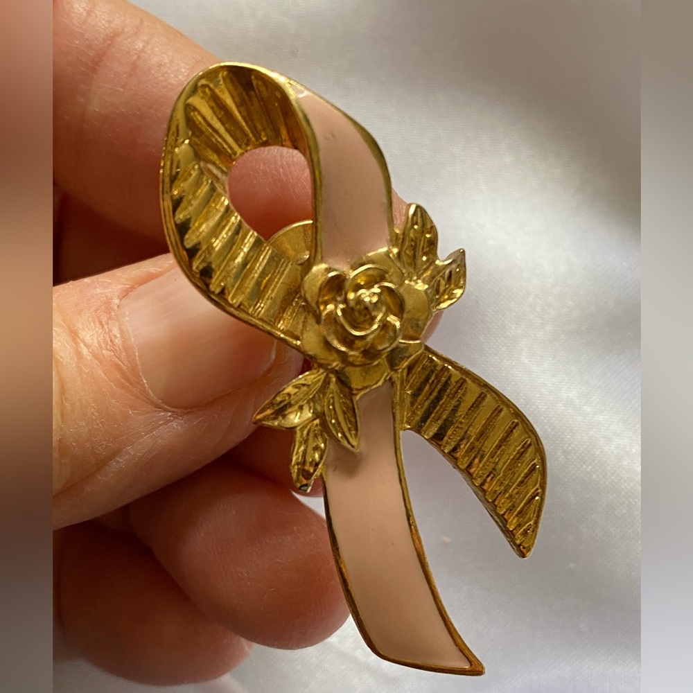 AVON Gold and Pink Ribbon Brooch